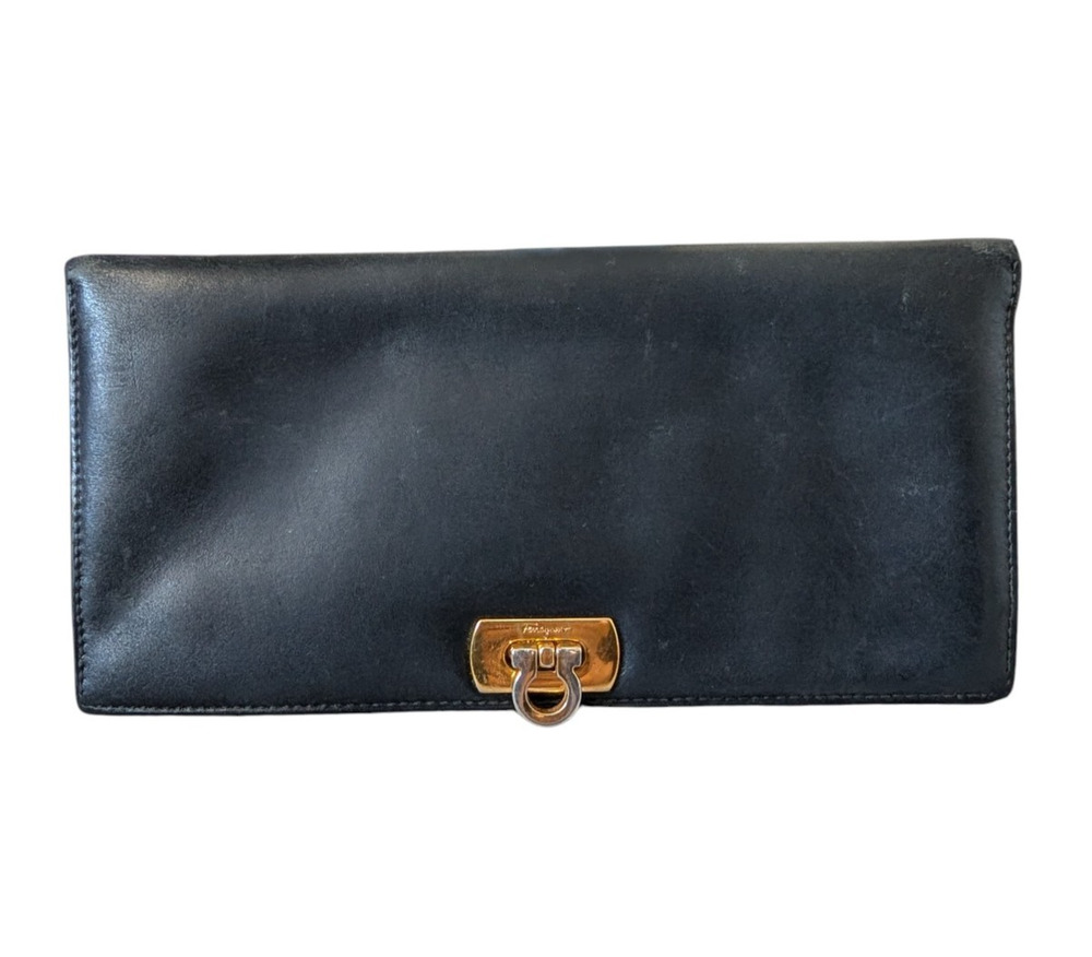 Salvatore Ferragamo Gancini Black Leather Long Wallet 222035 Bifold Italy